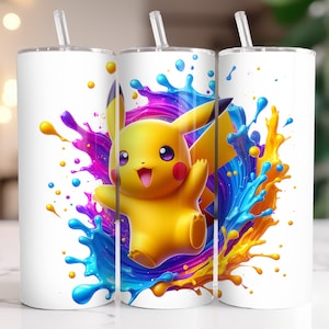Pikachu Tumbler Wrap PNG, 20 oz Watercolor Splash Digital Design - High Resolution - Instant Digital PNG Download