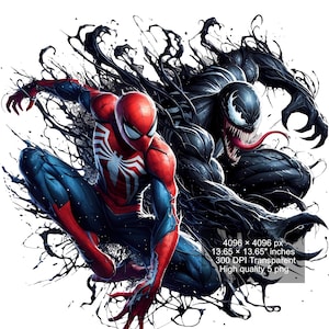May include: A digital illustration of Spider-Man and Venom in a dynamic pose. Spider-Man is in a red and blue suit with a black spider symbol on his chest. Venom is a black, shadowy figure with a large, toothy mouth. The background is a black and white abstract design.