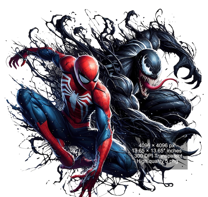 May include: A digital illustration of Spider-Man and Venom in a dynamic pose. Spider-Man is in a red and blue suit with a black spider symbol on his chest. Venom is a black, shadowy figure with a large, toothy mouth. The background is a black and white abstract design.