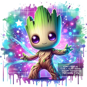 Zestaw 4 akwareli splash Baby Groot png Obrazy cyfrowe do druku, koszulki, Groot Print Wysoka rozdzielczość-natychmiastowe pobieranie cyfrowe