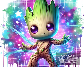 May include: A cartoon illustration of a green and brown character with a big smile, standing in front of a colorful galaxy background with stars and blue swirls.