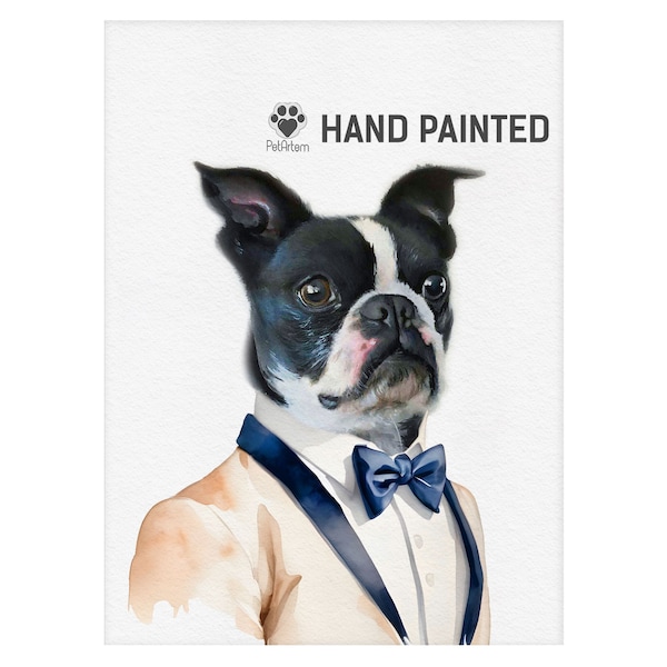 Custom Tuxedo Pet Portrait, Bow tie Cat Personalized, Formal Attire Pet Art, Fancy Pet in Elegant Clothes, Fashionable Dog Watercolor