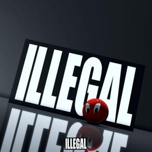 Könnte beinhalten: Ein rechteckiges schwarzes Schild mit dem Wort ILLEGAL in großen weißen Großbuchstaben. Eine kleine, glänzende rote Kugel mit einem Cartoon-Gesicht mit weißen Augen und schwarzen Pupillen ist vor dem Schild platziert. Das Wort ILLEGAL steht auch darunter.