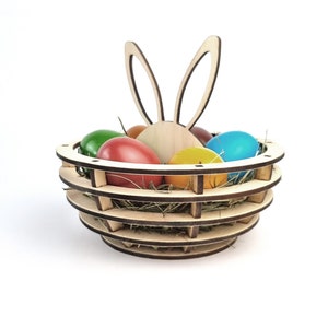 Panier de Pâques avec tête de lapin, fichier découpé au laser, connecteur de découpe laser pour la décoration de Pâques ; Panier à œufs, bol à œufs pour Pâques, panier de Pâques.