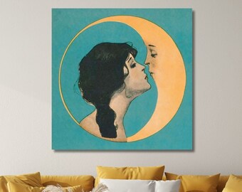 Dear Old Dixie Moon Songbook Cover Print Canvas, Vintage Woman Kissing Moon,Vintage moon Art Print, Crescent Moon Print,Ready to Hang Canvas