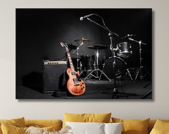 Set of Musical Instruments Wall Art Music Canvas Print Drums Wall Art Drums Wall Decor Art Drums Art Electric Guitar Decor Guitar Print Set