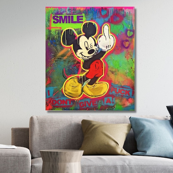Mickey Mouse Middle Finger Poster,Banksy Graffiti Canvas, Mickey And Minnie Dance, Wall Art Design, Graffiti Hands Canvas Arts,Ready To Hang