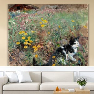 Cat in the Summer Meadow By Bruno Liljefors Canvas Wall Art Quality Print Framed Canvas Poster, Print, Landscape Canvas Art , Cat Wall Art