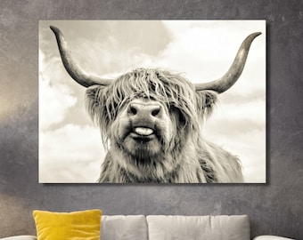 Cow With Tongue Black White Canvas Print Highland Cow Wall Art Farmhouse Decor Rustic Wall Decor Animals Painting Scottish Cow Wall Art Cow
