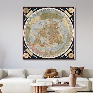 Ancient Flat Earth Map Canvas, 1587 by Monte Urbano Poster, Large World Map Wall Chart, 15th Century Old Map, Flat Earth Map, Ready To Hang