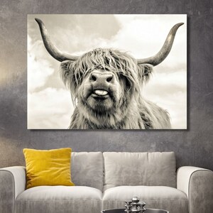 Cow With Tongue Black White Canvas Print Highland Cow Wall Art Farmhouse Decor Rustic Wall Decor Animals Painting Scottish Cow Wall Art Cow