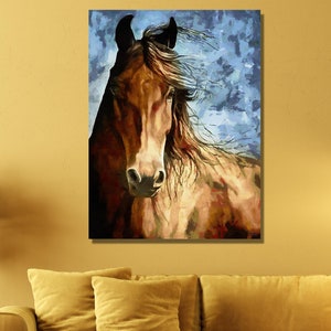 Brown Horse Print Canvas, Oil Painting Horse Wall Art Canvas Poster, Art Print, Horse Wall Hangings, Whitel Room Decor, Ready to Hang Canvas