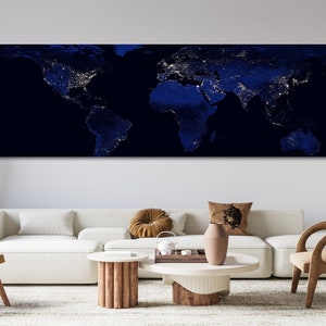 Panaromic by Night Light World Map Canvas The World  Wall Art,Print Wall Art,World Map,Old Map Of The World,Classroom Wall Art,Map Wall Art