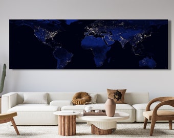Panaromic by Night Light World Map Canvas The World  Wall Art,Print Wall Art,World Map,Old Map Of The World,Classroom Wall Art,Map Wall Art