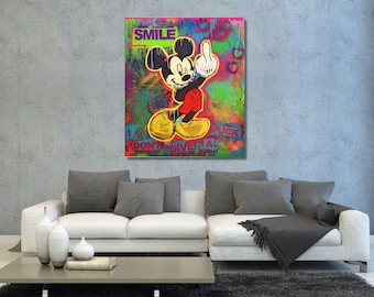 Mickey Mouse Middle Finger Poster, Banksy Graffiti Canvas, Mickey