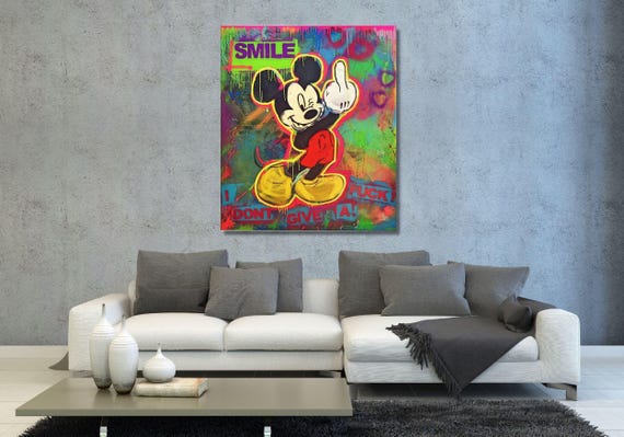 Mickey Mouse Middle Finger Poster, Banksy Graffiti Canvas, Mickey