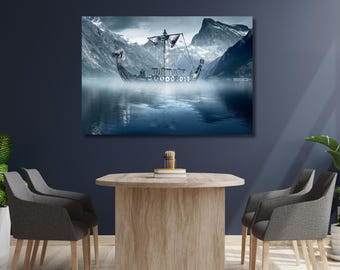 Vikings Ship Wall Art, Viking Ship in Misty Fjord with Snow Capped Mountains in Background, Ragnar Lodhbrok Poster, Viking Poster Canvas Art