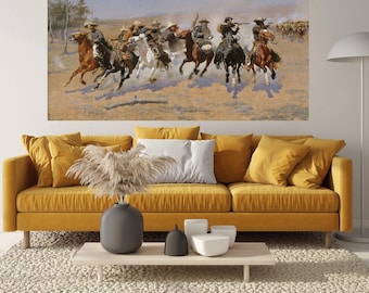 Una carrera hacia el bosque de Frederic Remington. Lámina de Frederic Remington, Una carrera hacia el bosque, lámina de arte del oeste, acción de vaqueros, pintura vintage.