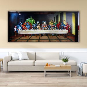 Last Supper Super Heroes Framed Canvas Wall Art, Super Hero Canvas Wall Art, Movie Poster Game Room Decor, Avengers Prints, Kids Room Decor