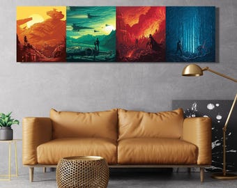 Op de afbeelding: Een vierdelige wandkunstset met gestileerde sciencefictionlandschappen. Het eerste paneel is oranje met een woestijnscène, het tweede is blauwgroen met vliegende ruimteschepen, het derde is rood met vulkanisch terrein en het vierde is blauw met een bos.
