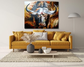Tjuroljemålning på canvas, laddningsbar tjur på canvas, tjurtryck, man cave-dekor, kontor, spelrumskonst, inramad, redo att hängas på canvas
