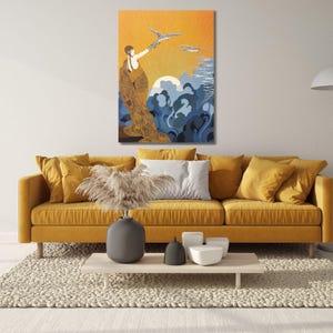 May include: A vertical wall art print featuring a stylized figure in a flowing, patterned gold gown reaching toward two birds against a bright orange sunburst background, with dark blue, swirling, wave-like clouds at the bottom of the composition.