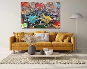 May include: A rectangular wall art print featuring a brick wall background with graffiti-style imagery of two crossed electric guitars in turquoise and yellow, a red heart, musical instruments, and various colorful abstract shapes and patterns.