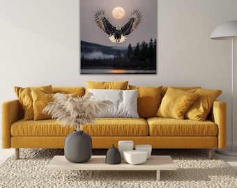 Eagle & Moon Ready to Hang Canvas, Majestic Bald Eagle, Canvas, Eagle Poster, Eagle Wall Art,Animal Wall Art,Big Bird Poster,Living Room Art