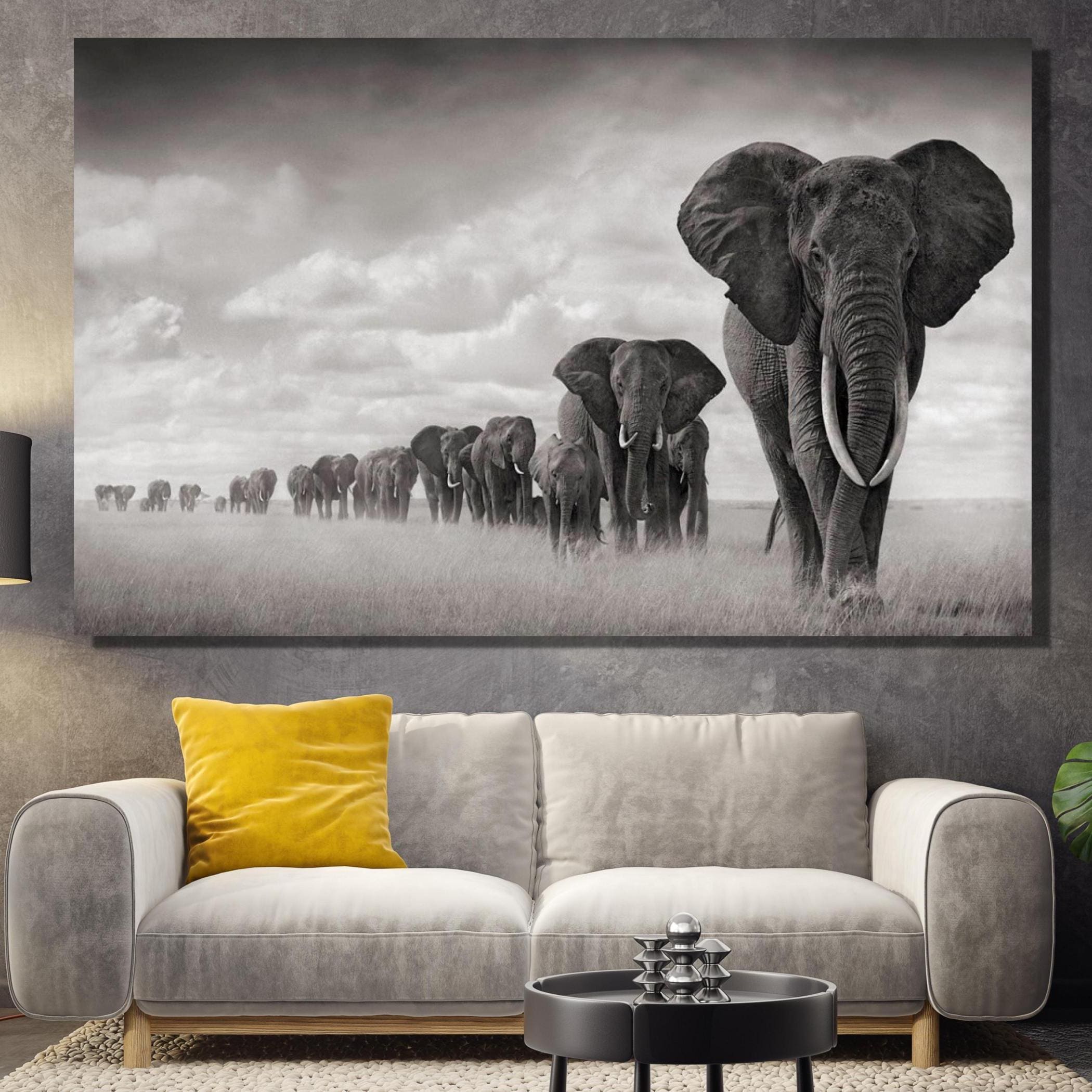 Elephant Family on Safari Canvas,elephant Black & White Wall Art