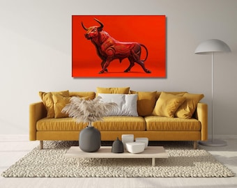 Canvastavla med laddningsbar tjur, oljemålning på canvas, tjurtryck, man cave-dekor, kontor, spelrumskonst, inramad, redo att hängas på canvas