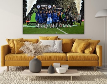 2025 UEFA CONFERENCE LEAGUE Champions Chelsea Canvas Wall Art, Cole Palmer Holding Trophy Football Fan Gifts, Man Cave, Ready to Hang Canvas