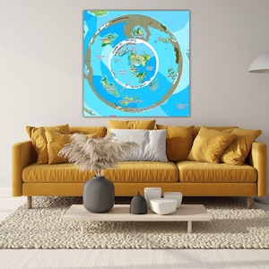 May include: A square wall art print featuring a flat earth map illustration with blue oceans and green landmasses. The map includes text labels such as Known Lands, The Ice Walls, Mountains Ring, Asgard, and various ocean names in black font.
