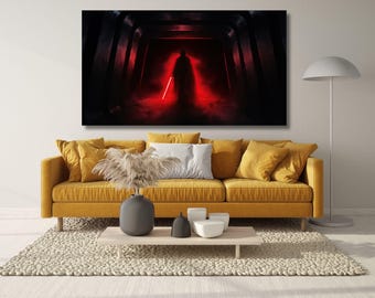 Puede incluir: Un cuadro rectangular que muestra una figura oscura y silueteada de pie en un túnel iluminado por una luz roja brillante y un sable de luz rojo. La obra de arte se exhibe sobre un sofá de color amarillo mostaza con cojines y una mesa de centro.