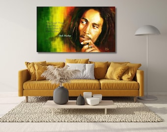 May include: A rectangular wall art canvas featuring a portrait of Bob Marley with dreadlocks, set against a background of blended green, yellow, and red colors. The text reads: One Good Thing About Music, When It Hits You Feel No Pain - Bob Marley.