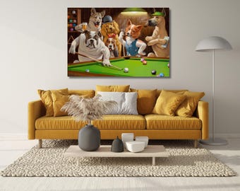 May include: A rectangular wall art print depicting a group of anthropomorphic dogs playing billiards in a dimly lit room. The scene features a bulldog holding a pool cue, a corgi, and other canine figures gathered around a green pool table.