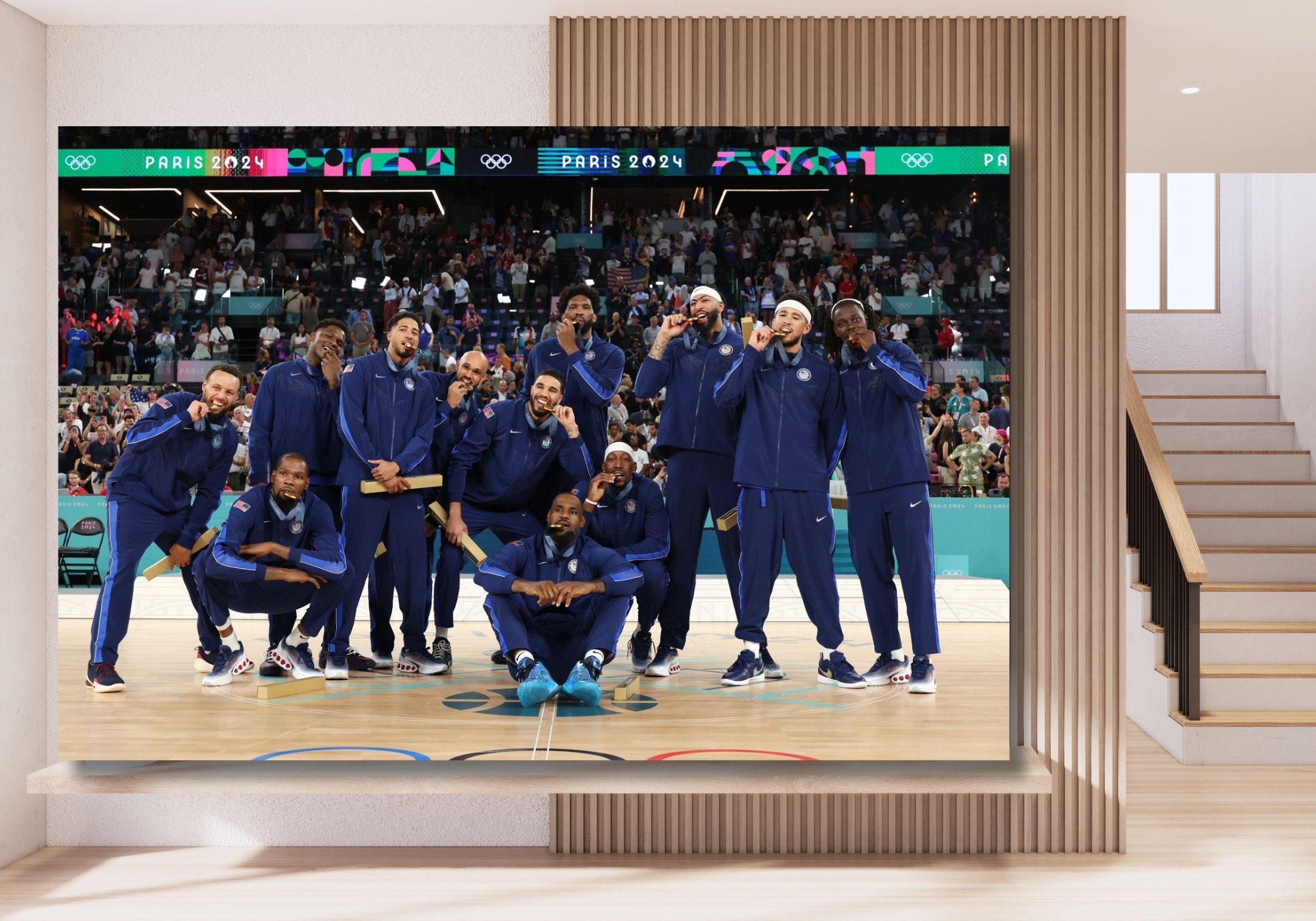 USA National Team 2024 Champion Ready to Hang Canvas Wall Art, Stephen Curry Poster Art, Basketball Poster Fan Gift , Ready to Hang Canvas