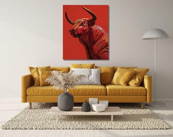 Anfallande tjuren poster canvas, tjur oljemålning canvastryck, tjurtryck man cave dekor, kontor, spelrum konst, inramad, redo att hängas canvas