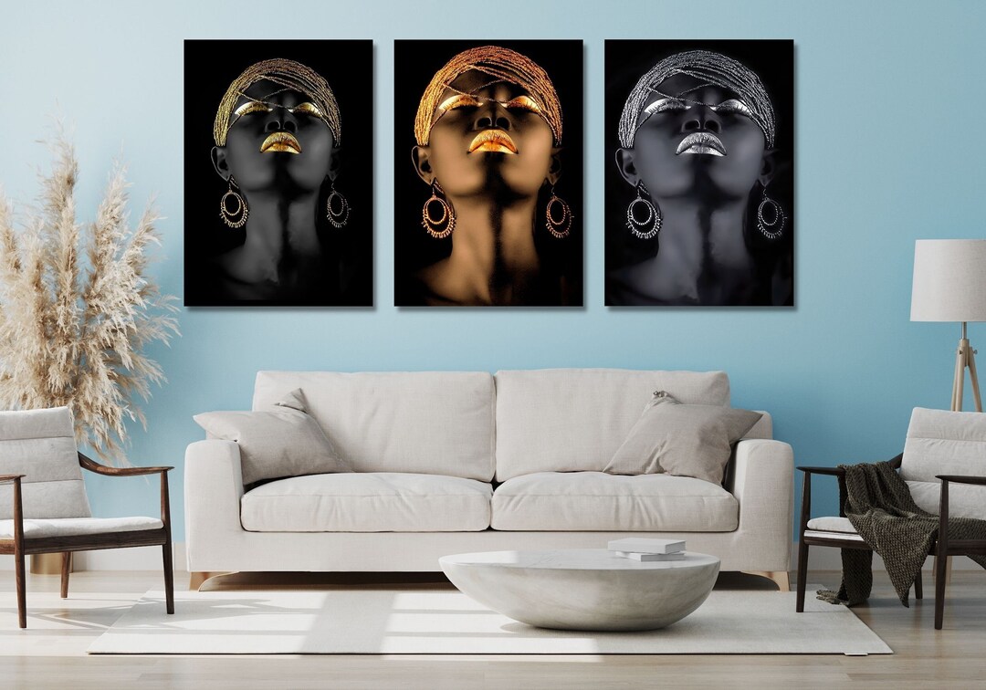 Set of 3 African Woman Print, Gold African Canvas, Bronze African ...