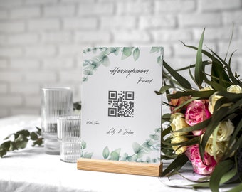 Personalized Honeymoon Fund Sign With QR Code / Minimal Floral Watercolor Eucalyptus Design / Printable for Wedding