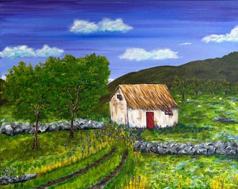 Original acrylic painting of a thatched cottage in fields of green "The Homestead"