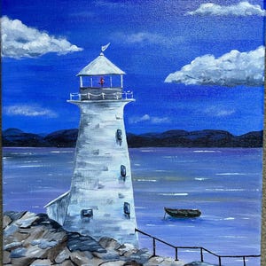 Original Acrylic Painting of Lighthouse on a Jetty with Clouds Rolling in &quot;Shine Your Light&quot;