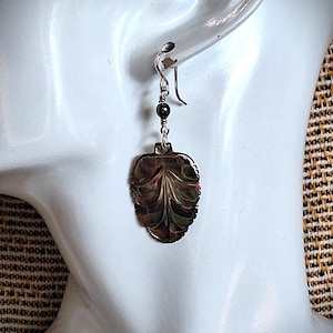 Handmade Black Mother of Pearl Leaf Earrings – Argentium Sterling Silver – Iridescent Golden, Champagne & Rose Tones – Natural Shell Jewelry