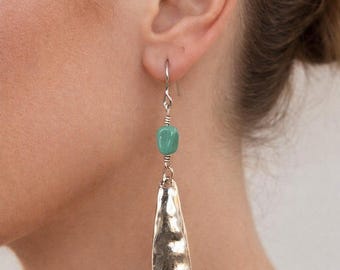 Handmade Turquoise Nugget Earrings | Hammered Sterling Silver Southwestern Dangles