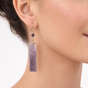 Lilac Amethyst Earrings – Rectangular Gemstone Dangles – Argentium Sterling Silver Wire Wrapped Earrings – Translucent Lavender Jewelry
