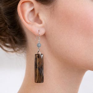 Handmade Turkish Needle Agate Jasper Earrings – Rectangular Drop Dangle, Argentium Sterling Silver Wire Wrap, Pale Blue Agate Accents