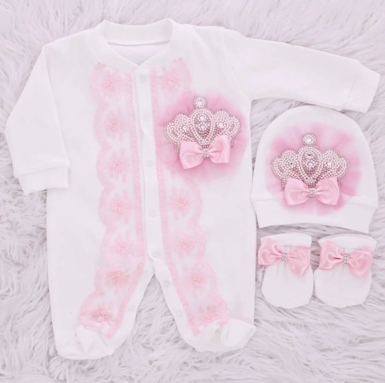3pcs Princess Crown Baby Girl Coming Home Outfit, Newborn Baby Girl