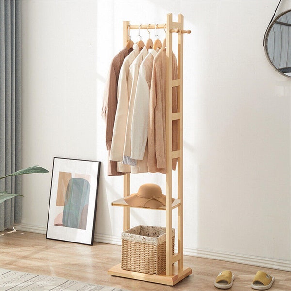 Bamboo Garment Coat Clothes Stand Rack Hat Shoe Wooden Hanger Holder Shelf Tidy