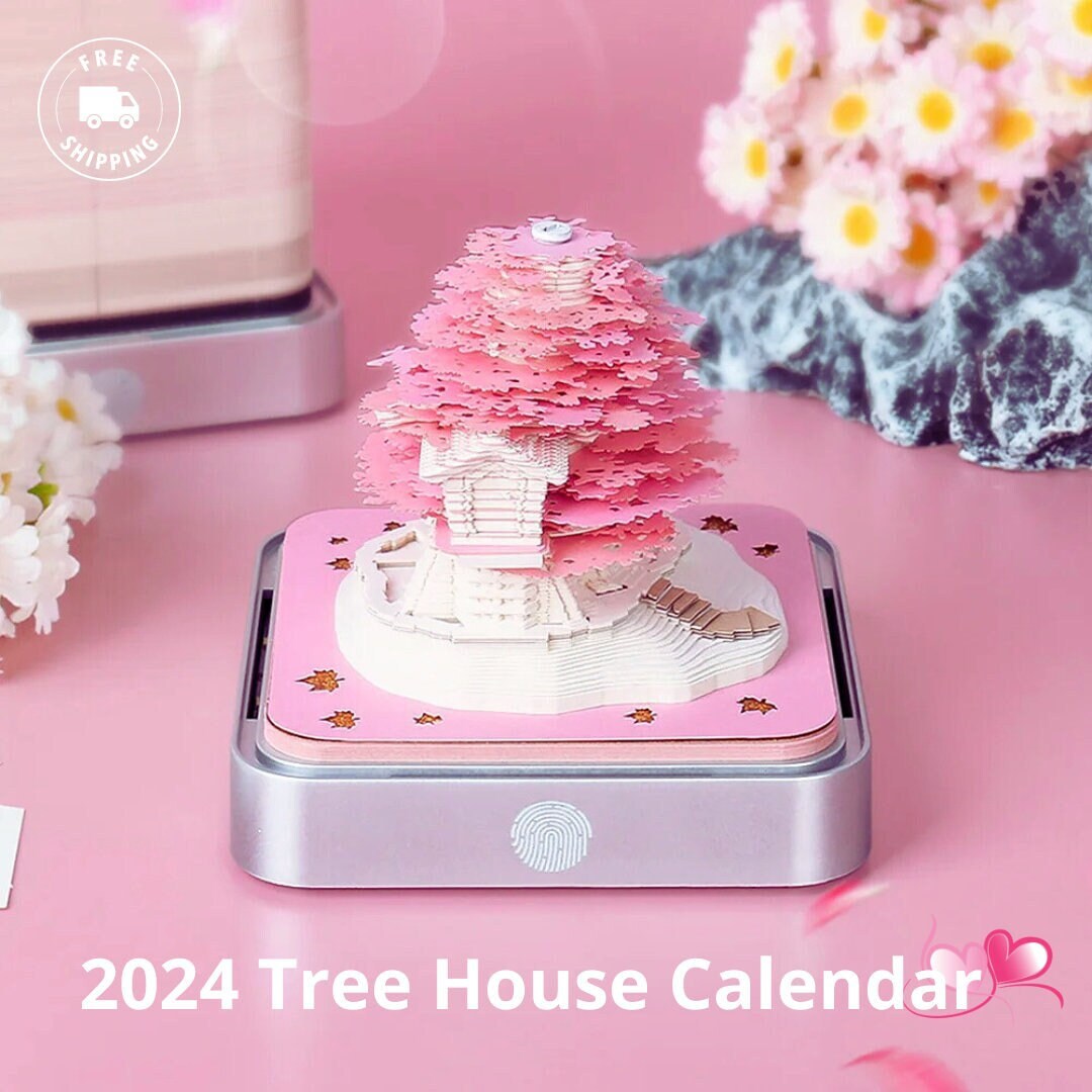 2024 3d Beautiful Sakura Tree Calendrier Bloc-notes, Calendrier de bureau  avec lumières, Calendrier de bureau créatif Diy Paper Carving Art Craft  Desktop Décoration Maison