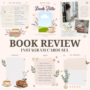 May include: A book review Instagram carousel design with a soft, vintage aesthetic. The layout includes space for a book title, author, star ratings, quotes, and personal thoughts, with decorative floral elements and butterfly accents.