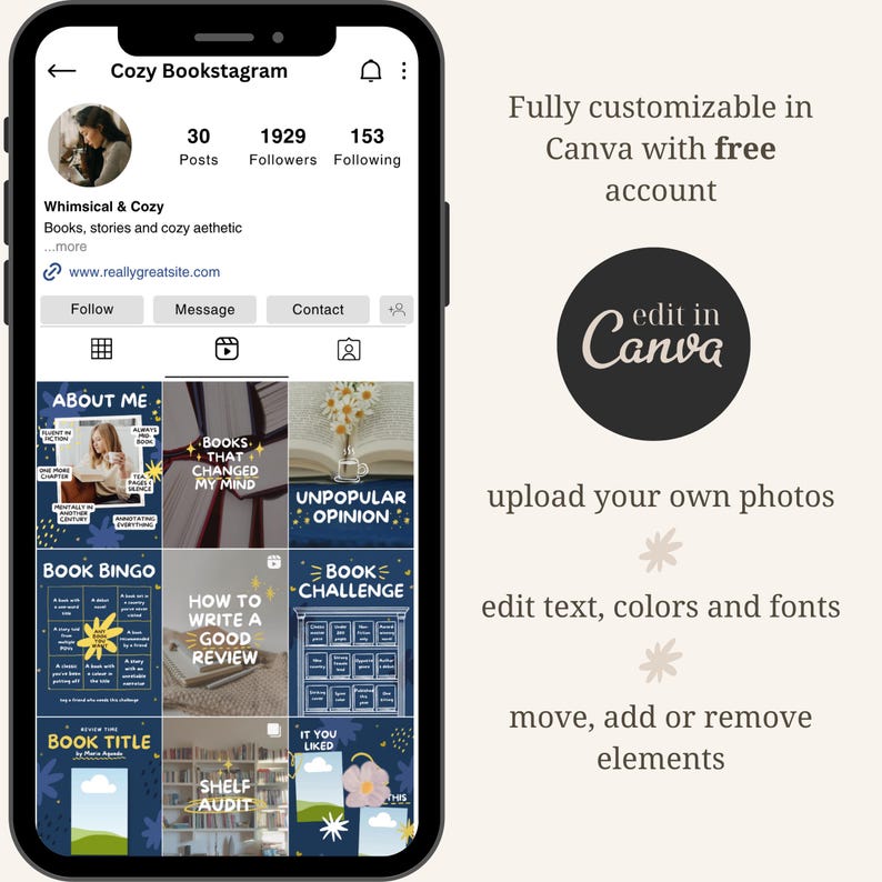 May include: A smartphone screen displays a Cozy Bookstagram profile with various book-related posts. The profile includes the text "Whimsical & Cozy" and "Books, stories and cozy aesthetic." Additional text promotes Canva customization options.